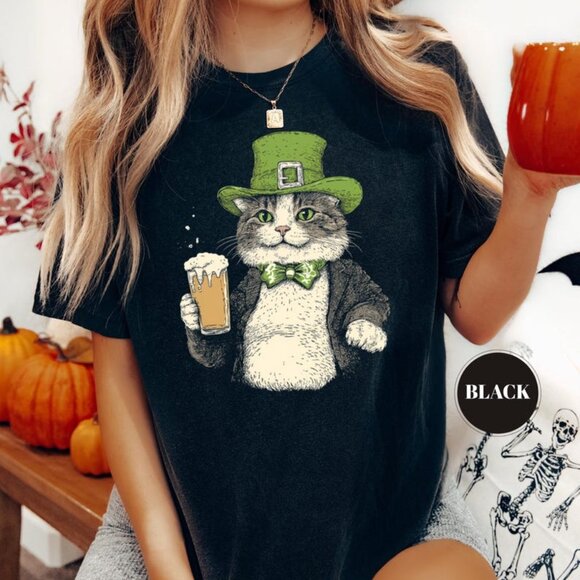 Tops - Funny Drunk Irish Cat T-Shirt, Lucky Cat Graphic Tee